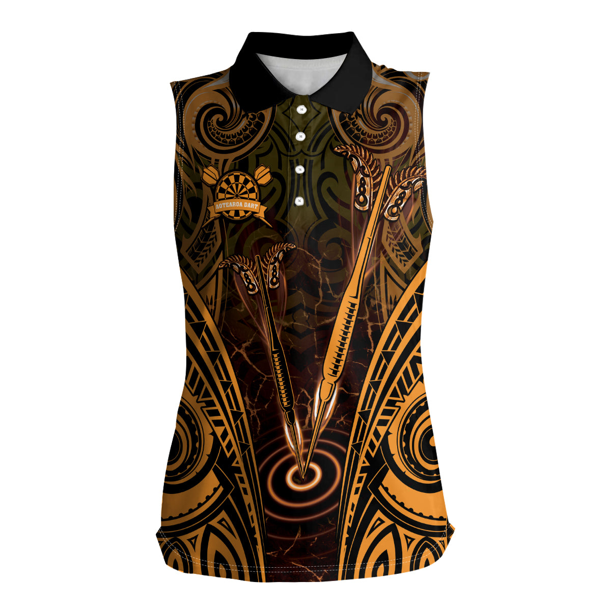 Personalised New Zealand Darts Women Sleeveless Polo Shirt Gold Dart Board Maori Pattern