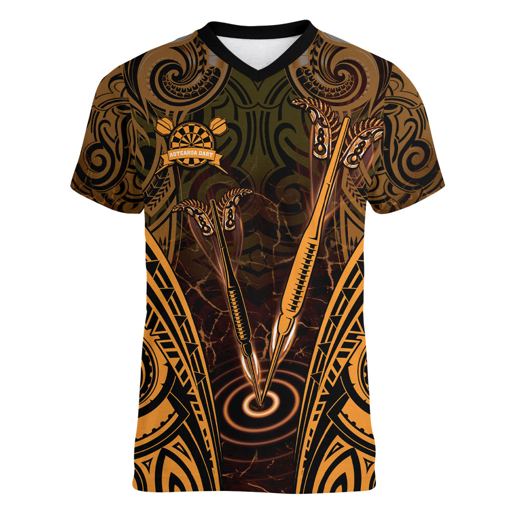 Personalised New Zealand Darts Women V-Neck T-Shirt Gold Dart Board Maori Pattern