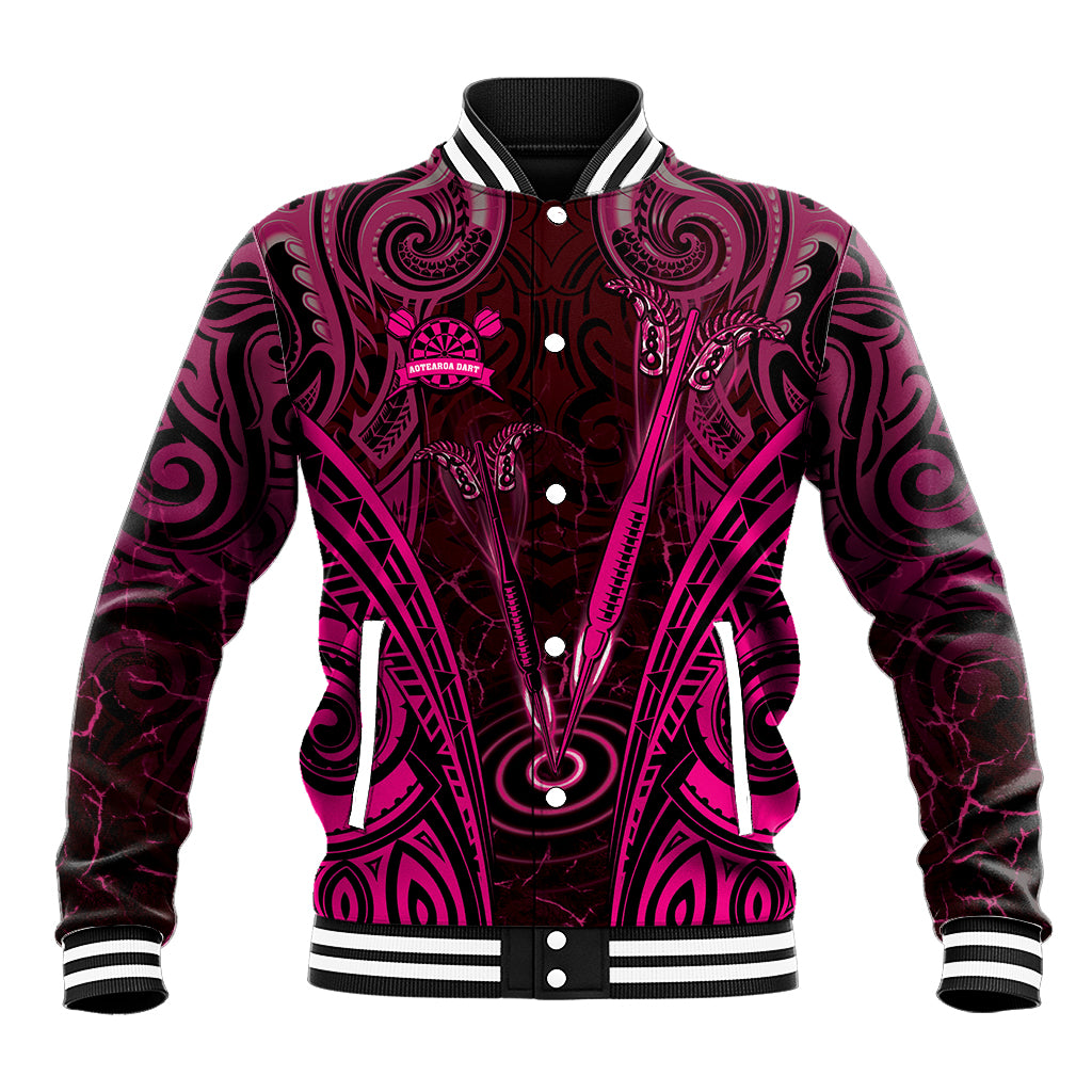 Personalised New Zealand Darts Baseball Jacket Pink Dart Board Maori Pattern