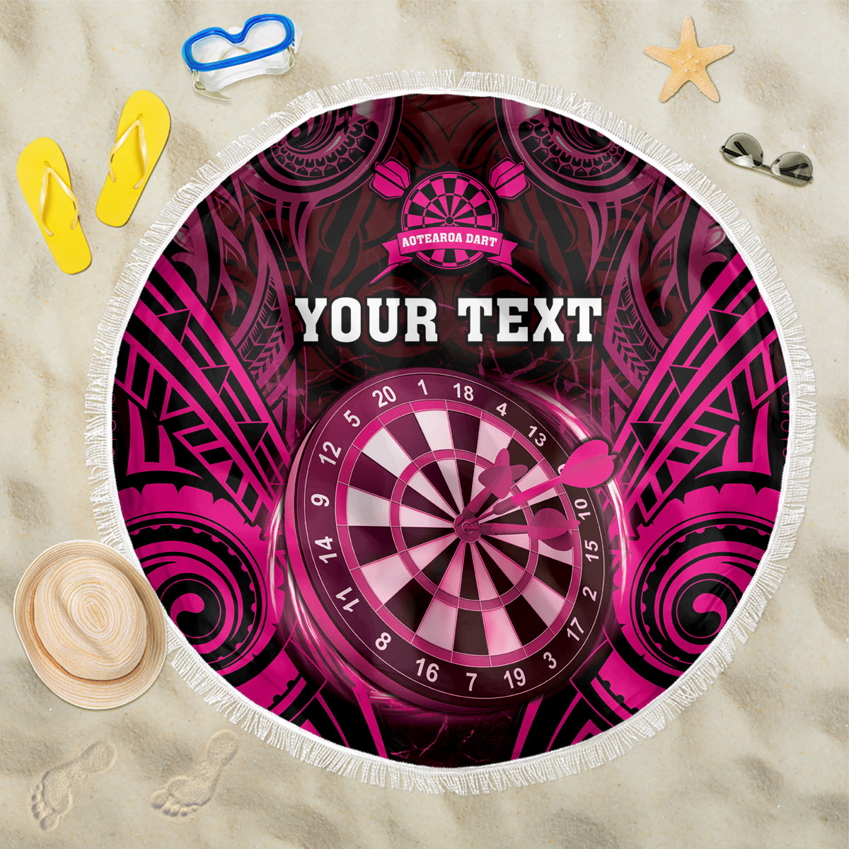 Personalised New Zealand Darts Beach Blanket Pink Dart Board Maori Pattern