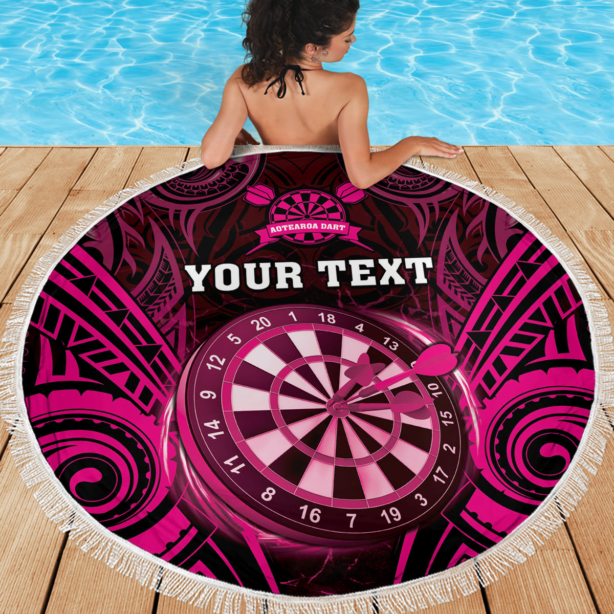 Personalised New Zealand Darts Beach Blanket Pink Dart Board Maori Pattern LT05 - Polynesian Pride