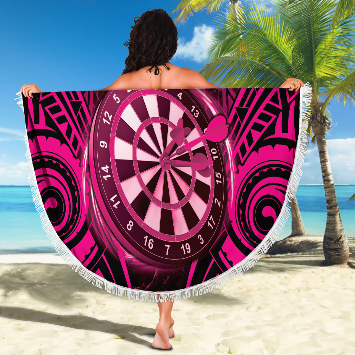 Personalised New Zealand Darts Beach Blanket Pink Dart Board Maori Pattern LT05 - Polynesian Pride