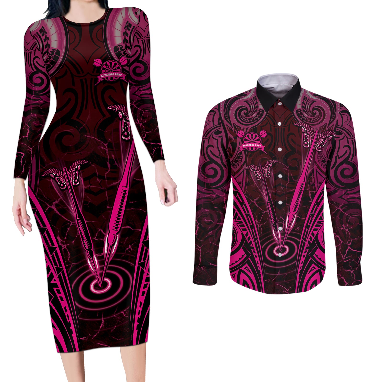 Personalised New Zealand Darts Couples Matching Long Sleeve Bodycon Dress and Long Sleeve Button Shirt Pink Dart Board Maori Pattern LT05 Pink - Polynesian Pride