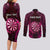 Personalised New Zealand Darts Couples Matching Long Sleeve Bodycon Dress and Long Sleeve Button Shirt Pink Dart Board Maori Pattern