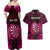 Personalised New Zealand Darts Couples Matching Off Shoulder Maxi Dress and Hawaiian Shirt Pink Dart Board Maori Pattern