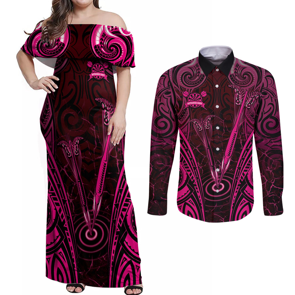 Personalised New Zealand Darts Couples Matching Off Shoulder Maxi Dress and Long Sleeve Button Shirt Pink Dart Board Maori Pattern