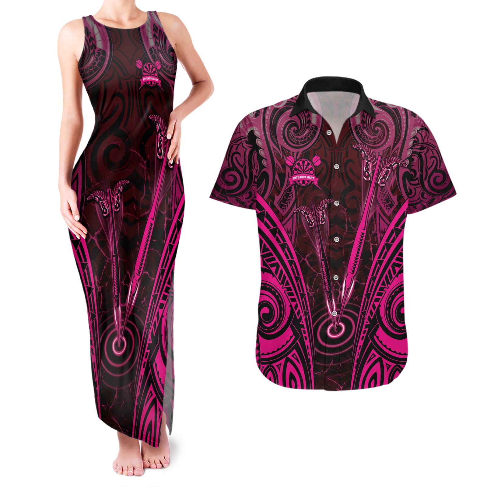 Personalised New Zealand Darts Couples Matching Tank Maxi Dress and Hawaiian Shirt Pink Dart Board Maori Pattern LT05 Pink - Polynesian Pride