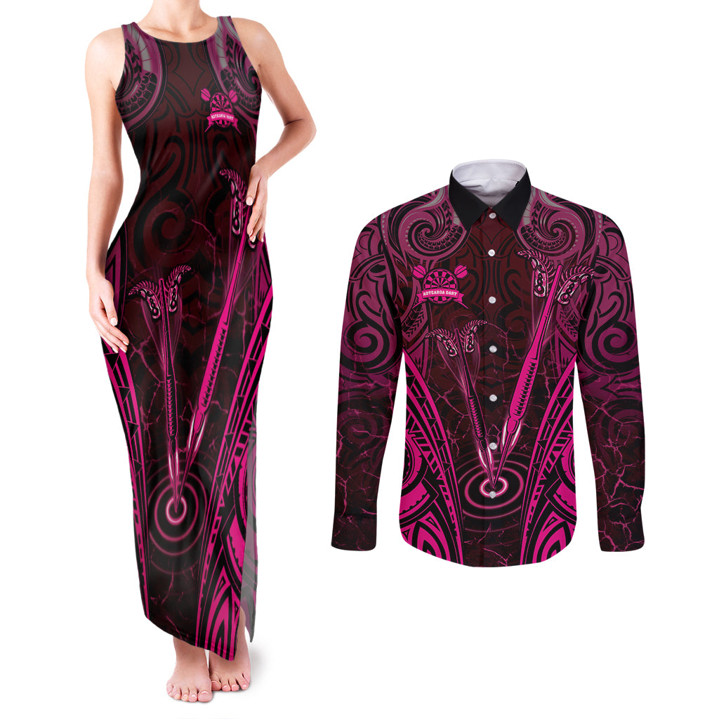 Personalised New Zealand Darts Couples Matching Tank Maxi Dress and Long Sleeve Button Shirt Pink Dart Board Maori Pattern