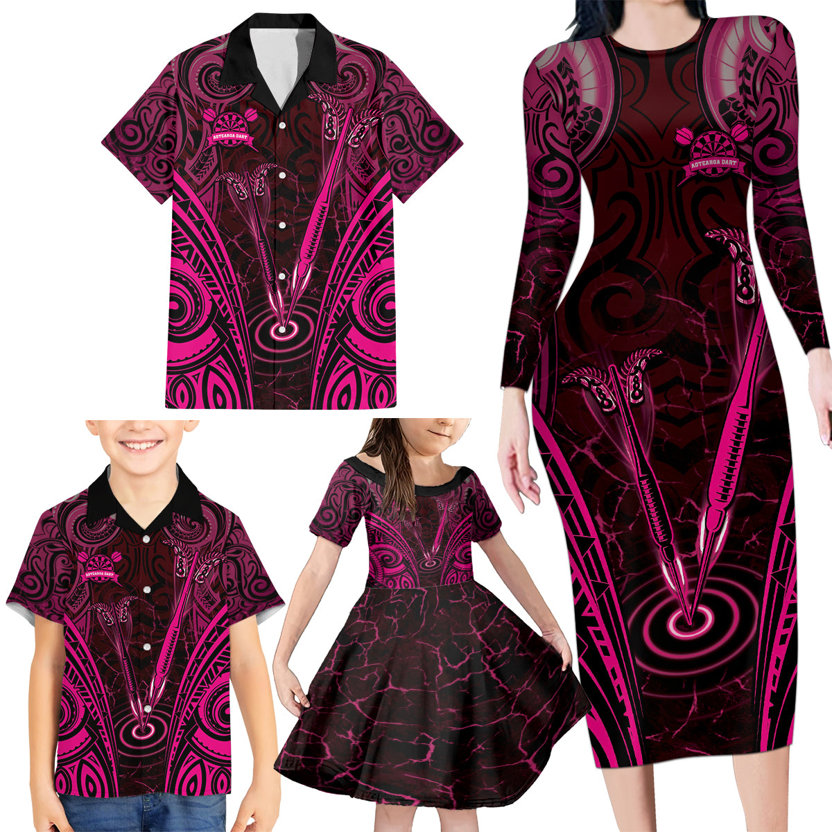 Personalised New Zealand Darts Family Matching Long Sleeve Bodycon Dress and Hawaiian Shirt Pink Dart Board Maori Pattern