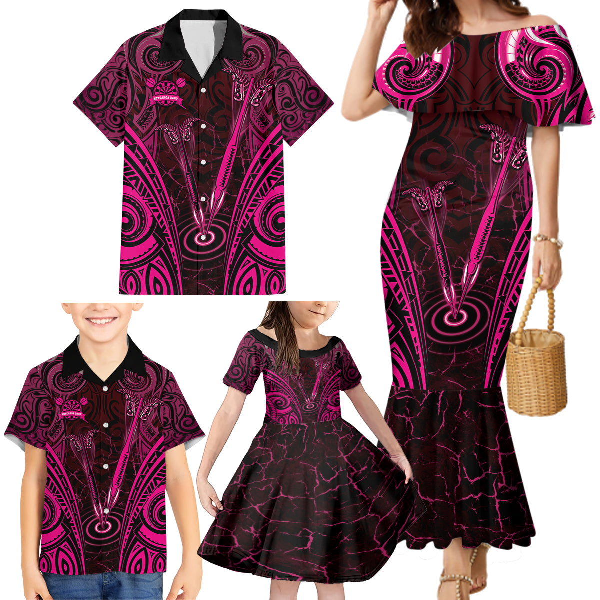 Personalised New Zealand Darts Family Matching Mermaid Dress and Hawaiian Shirt Pink Dart Board Maori Pattern LT05 - Polynesian Pride