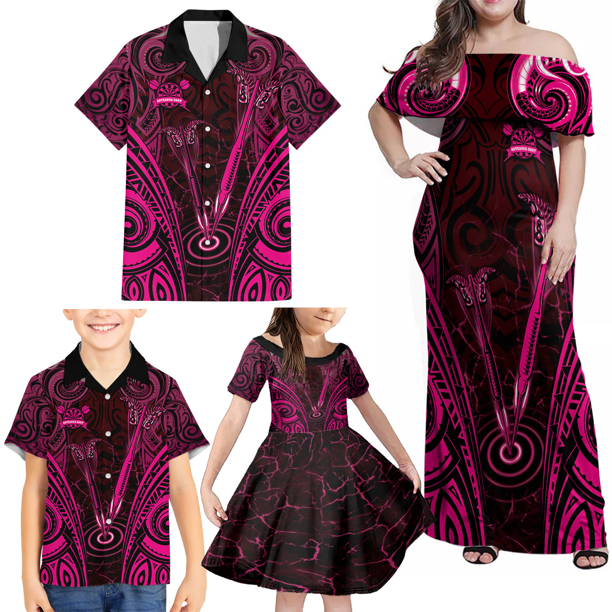 Personalised New Zealand Darts Family Matching Off Shoulder Maxi Dress and Hawaiian Shirt Pink Dart Board Maori Pattern