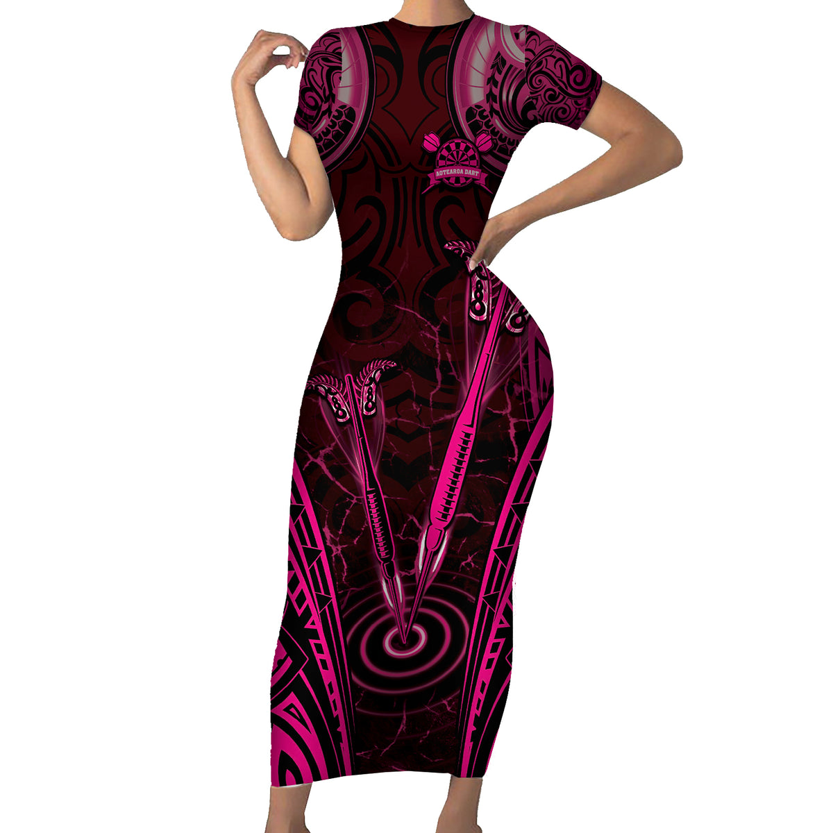 Personalised New Zealand Darts Family Matching Short Sleeve Bodycon Dress and Hawaiian Shirt Pink Dart Board Maori Pattern