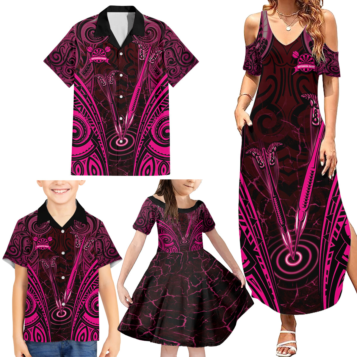 Personalised New Zealand Darts Family Matching Summer Maxi Dress and Hawaiian Shirt Pink Dart Board Maori Pattern LT05 - Polynesian Pride