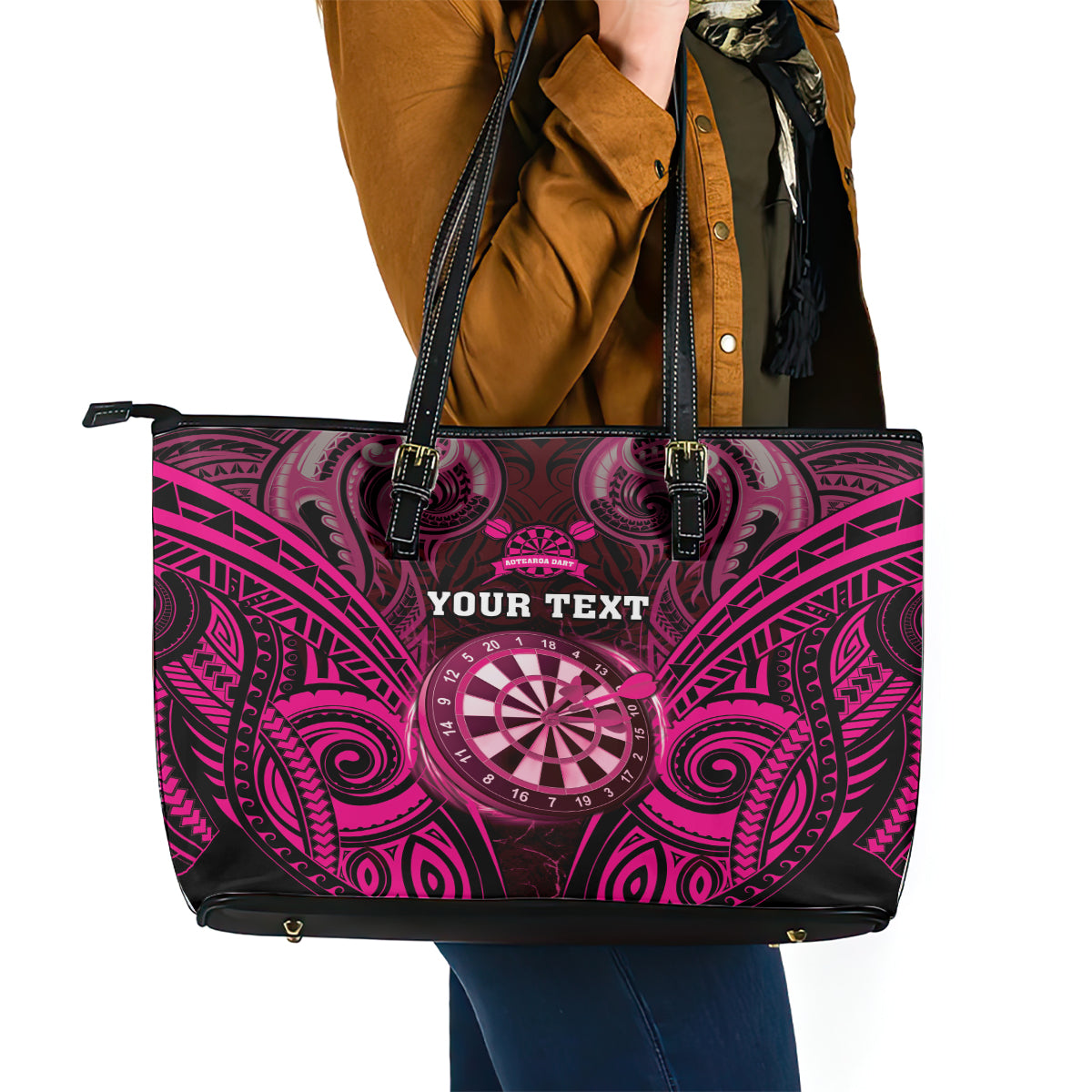Personalised New Zealand Darts Leather Tote Bag Pink Dart Board Maori Pattern LT05 - Polynesian Pride