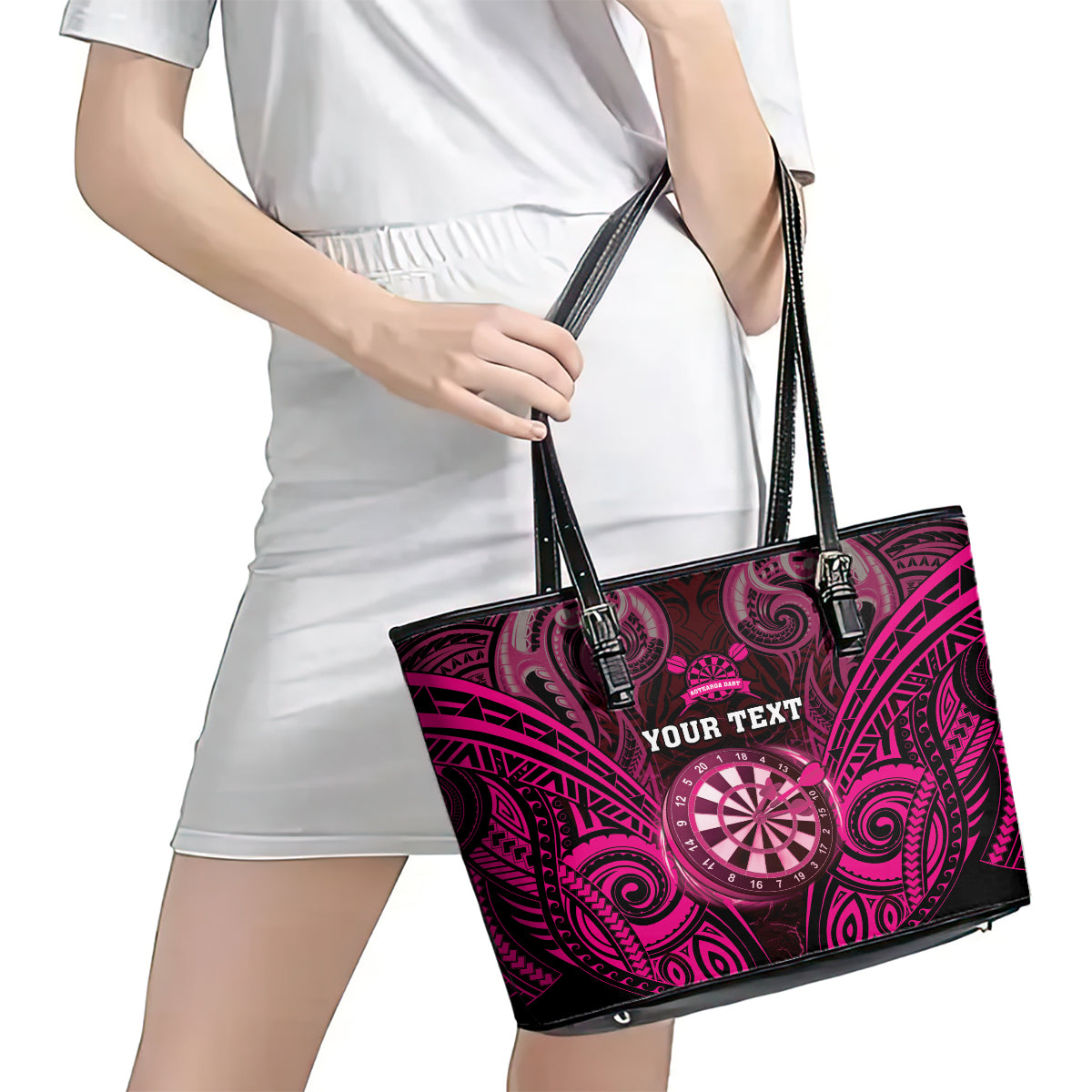 Personalised New Zealand Darts Leather Tote Bag Pink Dart Board Maori Pattern LT05 - Polynesian Pride