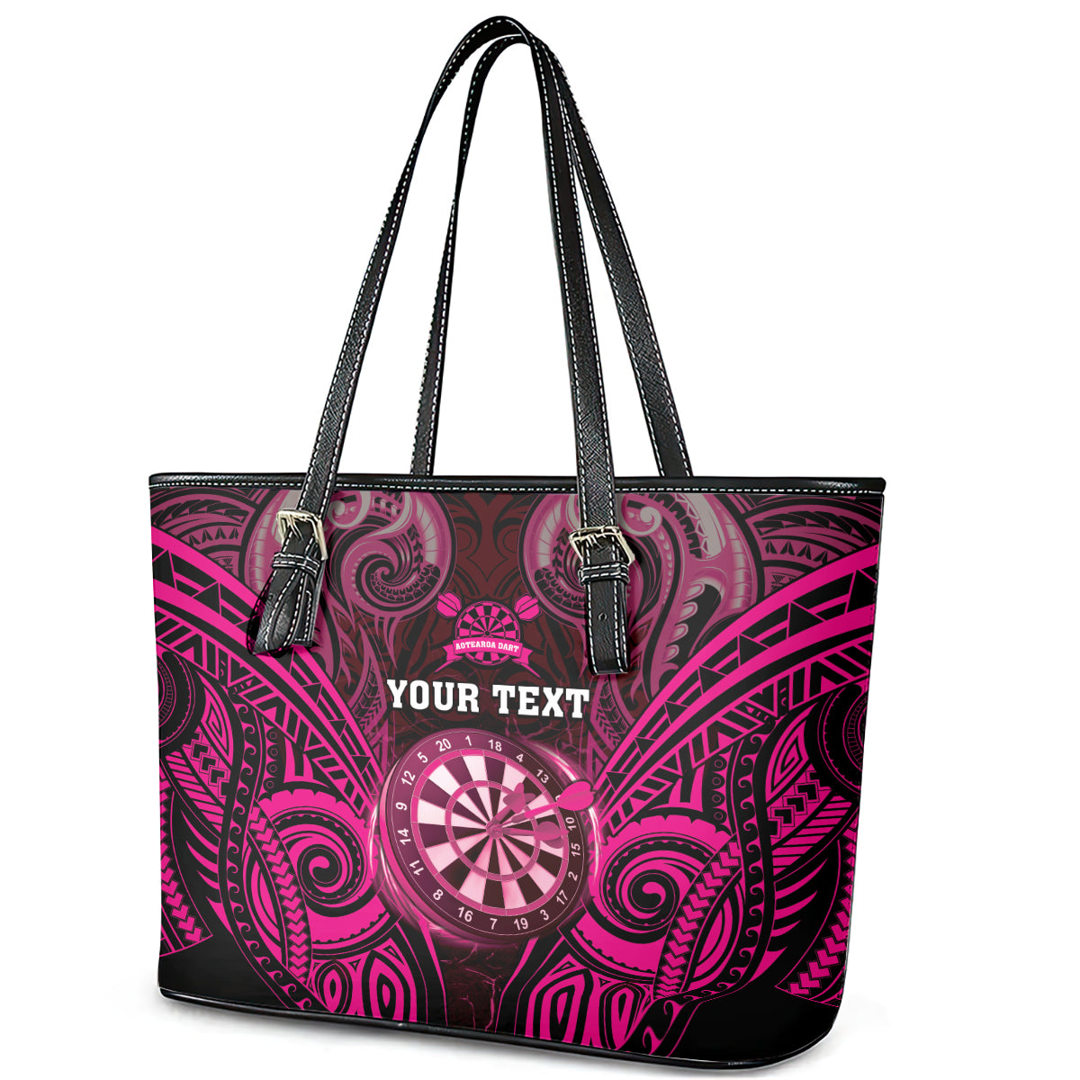 Personalised New Zealand Darts Leather Tote Bag Pink Dart Board Maori Pattern LT05 - Polynesian Pride