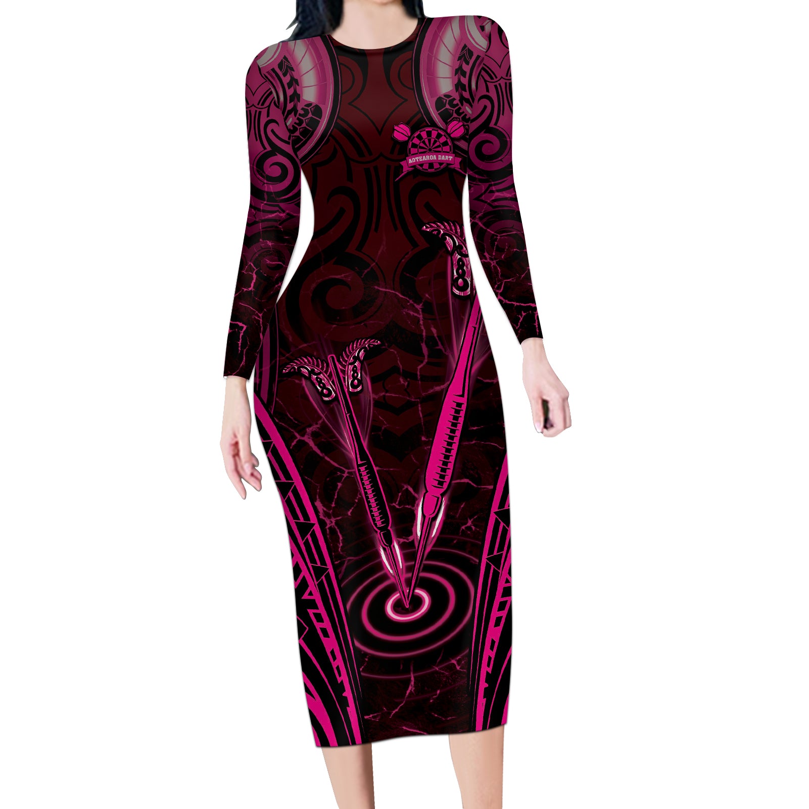 Personalised New Zealand Darts Long Sleeve Bodycon Dress Pink Dart Board Maori Pattern