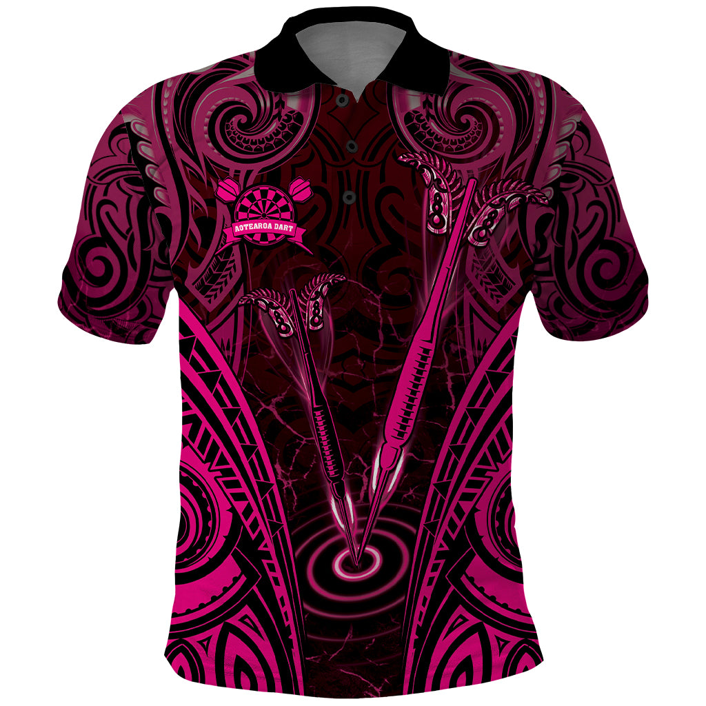 Personalised New Zealand Darts Polo Shirt Pink Dart Board Maori Pattern