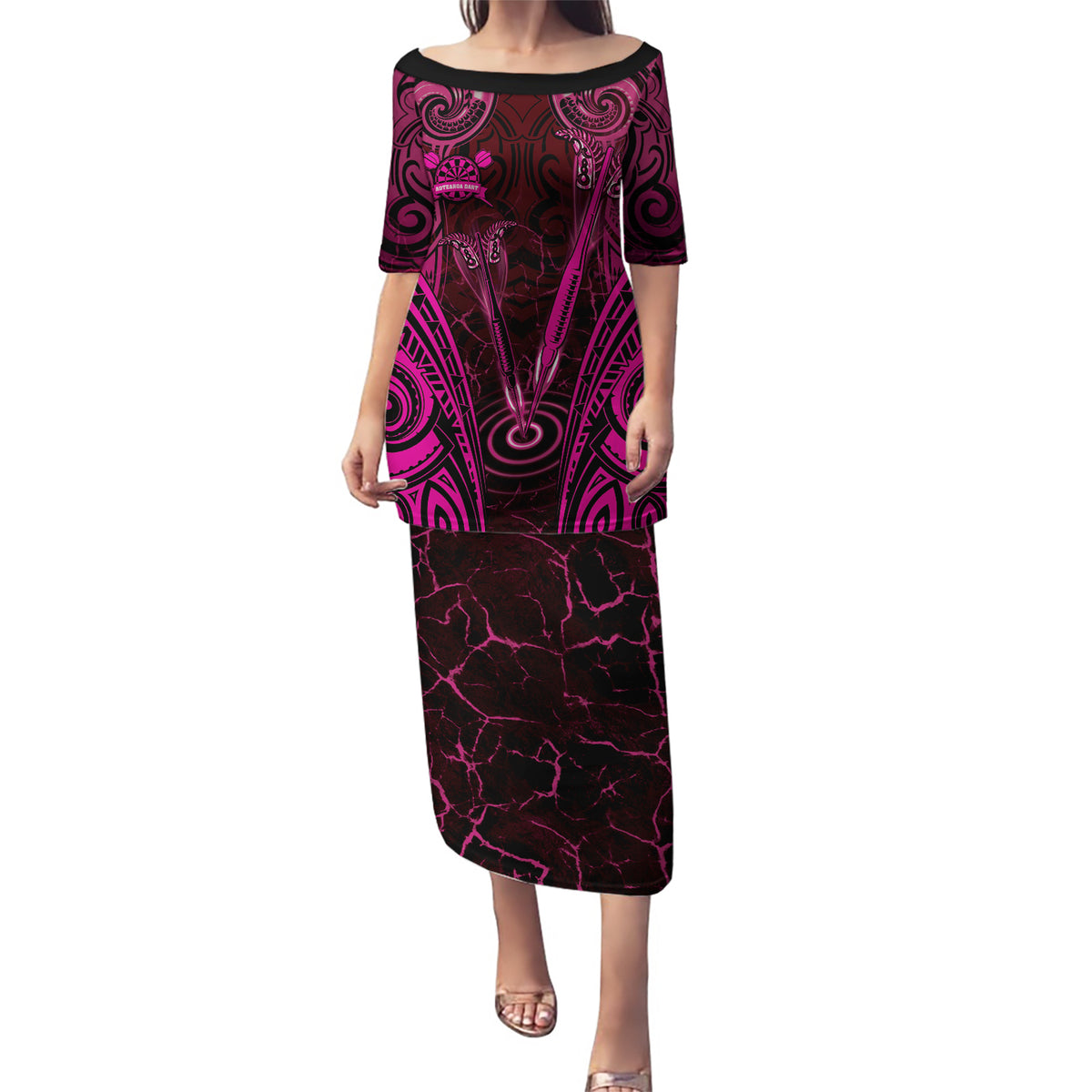 Personalised New Zealand Darts Puletasi Pink Dart Board Maori Pattern LT05 Long Dress Pink - Polynesian Pride