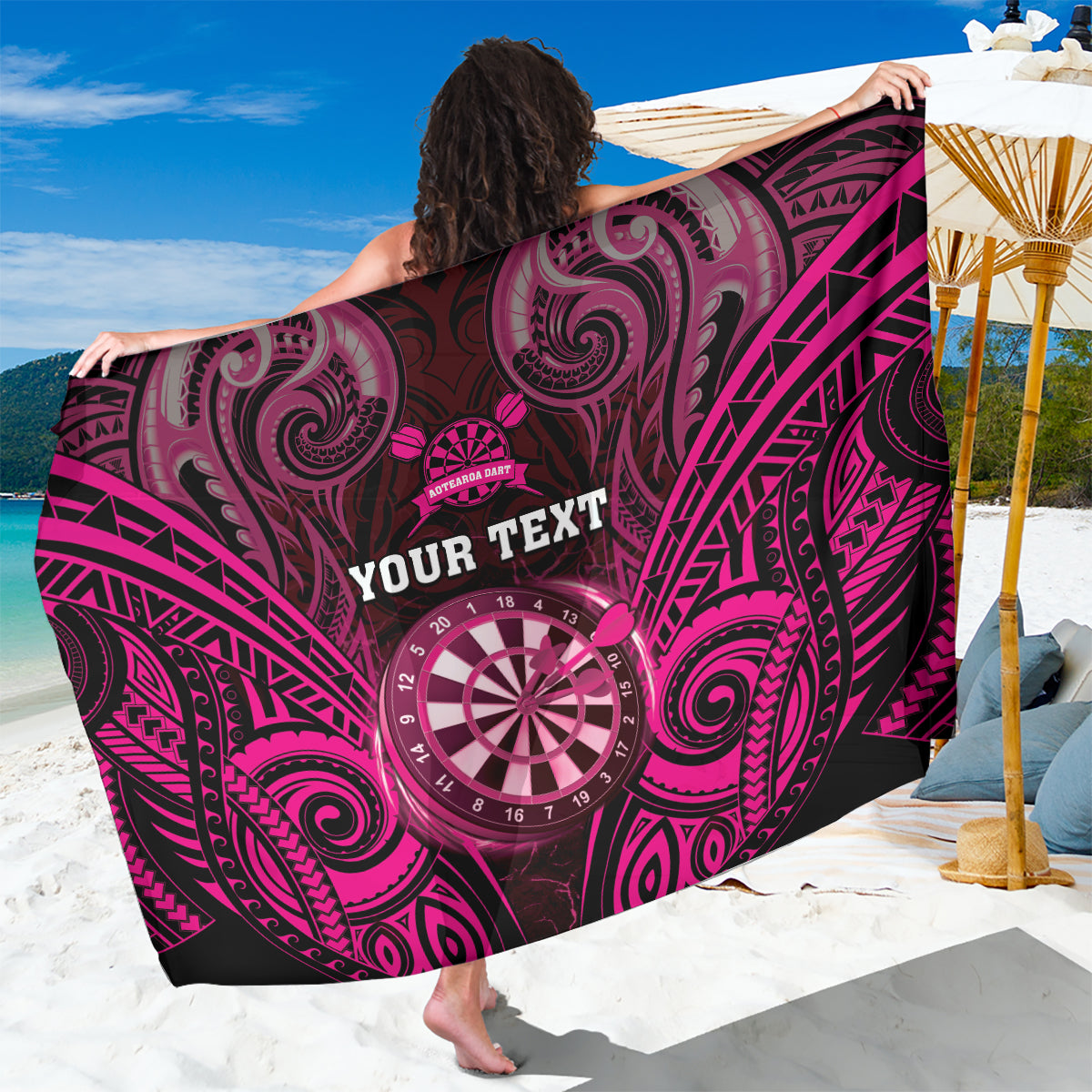 Personalised New Zealand Darts Sarong Pink Dart Board Maori Pattern