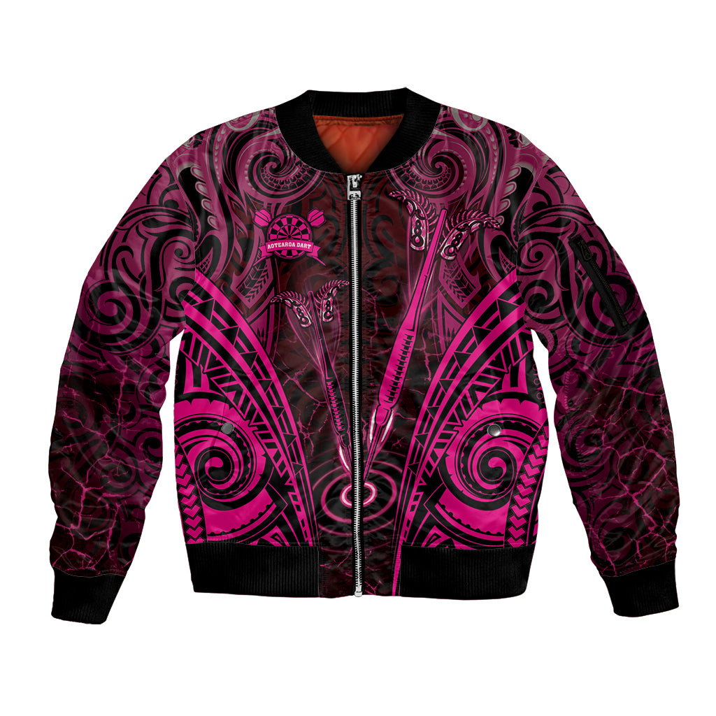 Personalised New Zealand Darts Sleeve Zip Bomber Jacket Pink Dart Board Maori Pattern LT05 Unisex Pink - Polynesian Pride