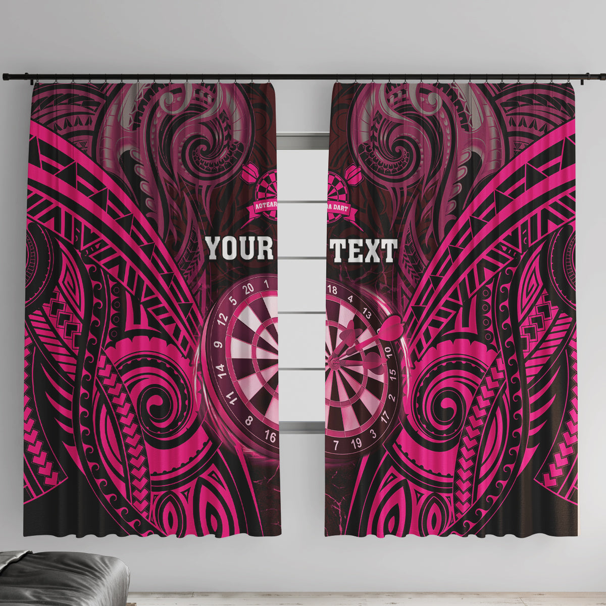 Personalised New Zealand Darts Window Curtain Pink Dart Board Maori Pattern LT05 With Hooks Pink - Polynesian Pride