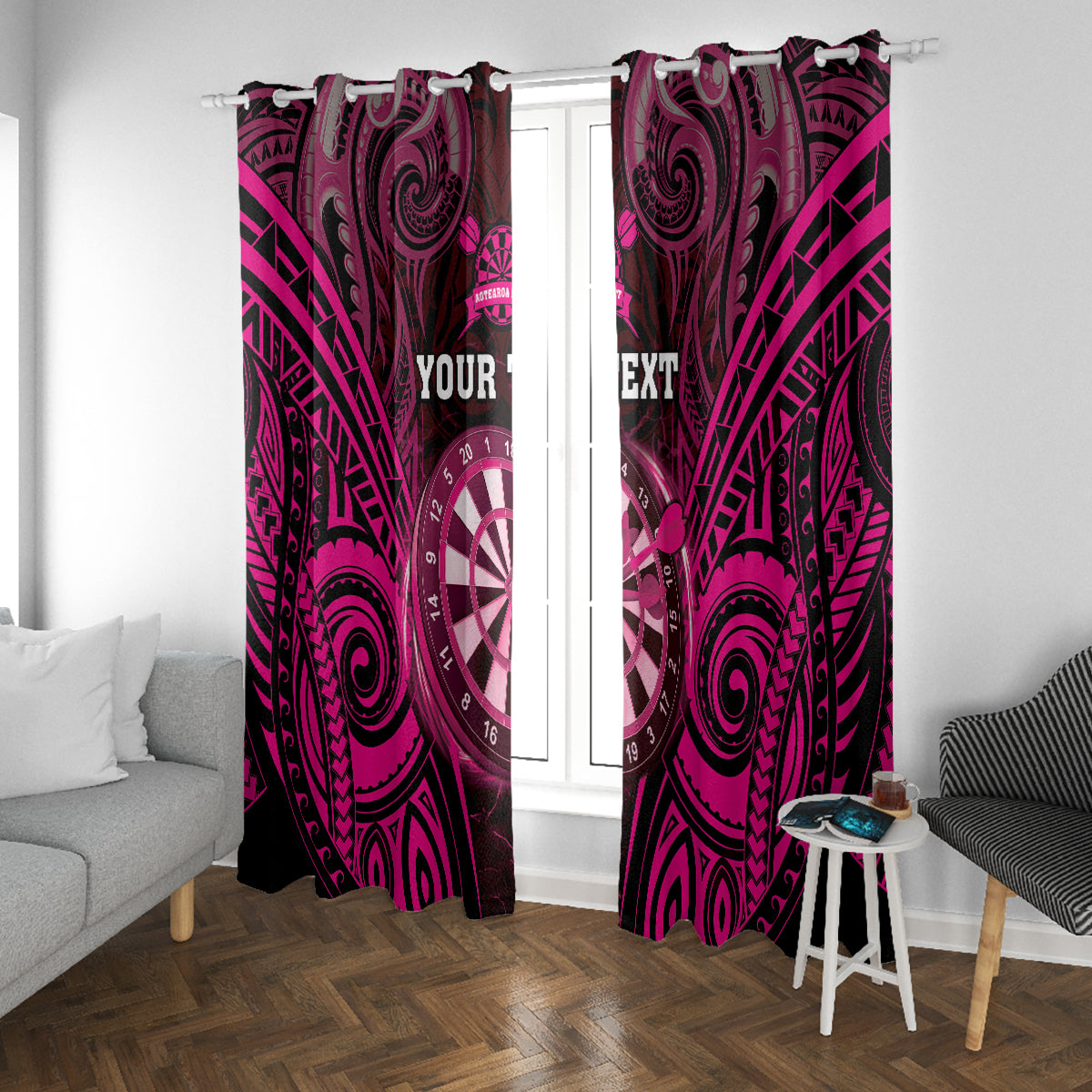 Personalised New Zealand Darts Window Curtain Pink Dart Board Maori Pattern LT05 With Grommets Pink - Polynesian Pride