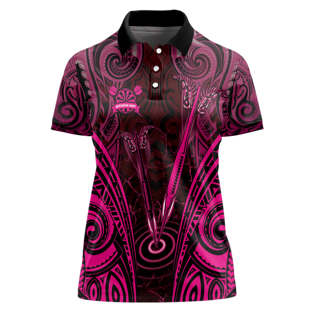 Personalised New Zealand Darts Women Polo Shirt Pink Dart Board Maori Pattern