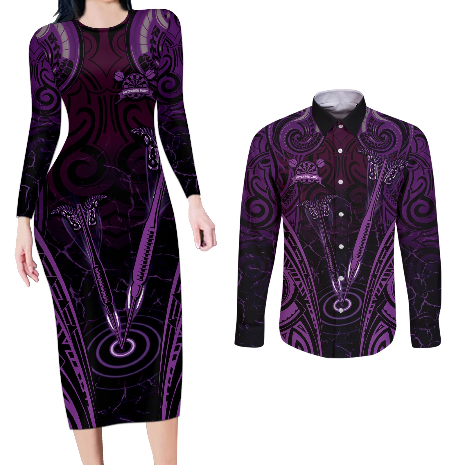 Personalised New Zealand Darts Couples Matching Long Sleeve Bodycon Dress and Long Sleeve Button Shirt Purple Dart Board Maori Pattern