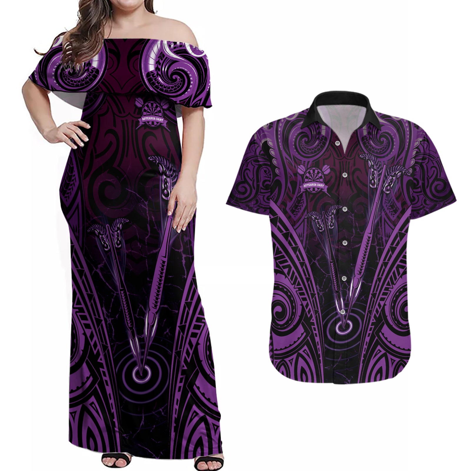 Personalised New Zealand Darts Couples Matching Off Shoulder Maxi Dress and Hawaiian Shirt Purple Dart Board Maori Pattern