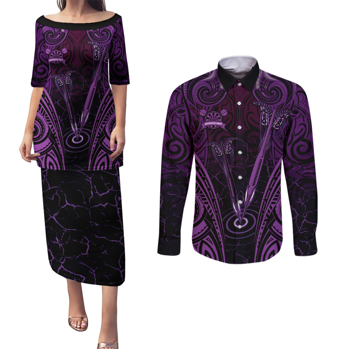 Personalised New Zealand Darts Couples Matching Puletasi and Long Sleeve Button Shirt Purple Dart Board Maori Pattern LT05 Purple - Polynesian Pride