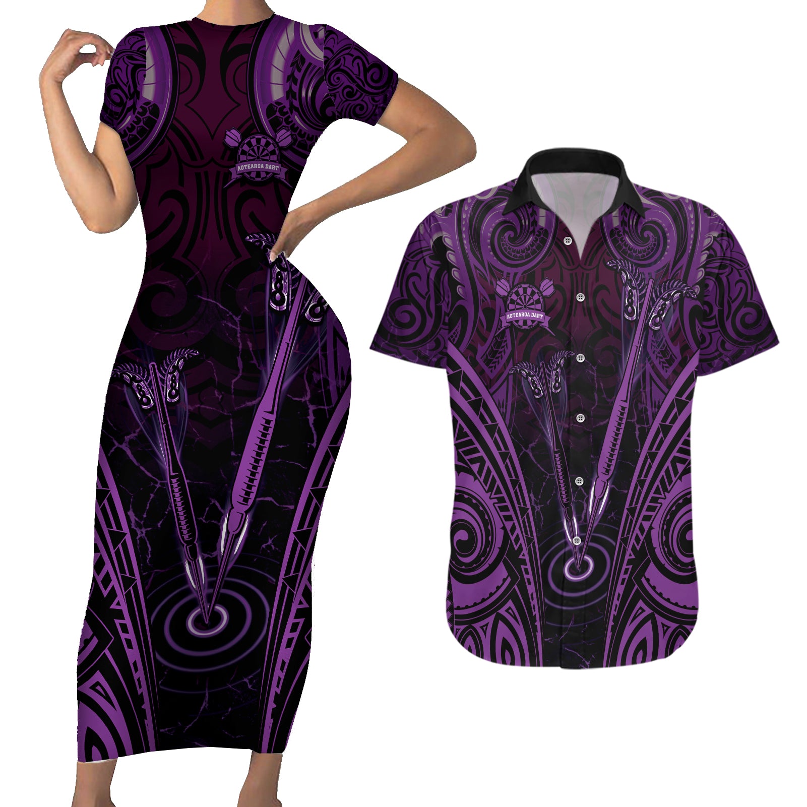 Personalised New Zealand Darts Couples Matching Short Sleeve Bodycon Dress and Hawaiian Shirt Purple Dart Board Maori Pattern