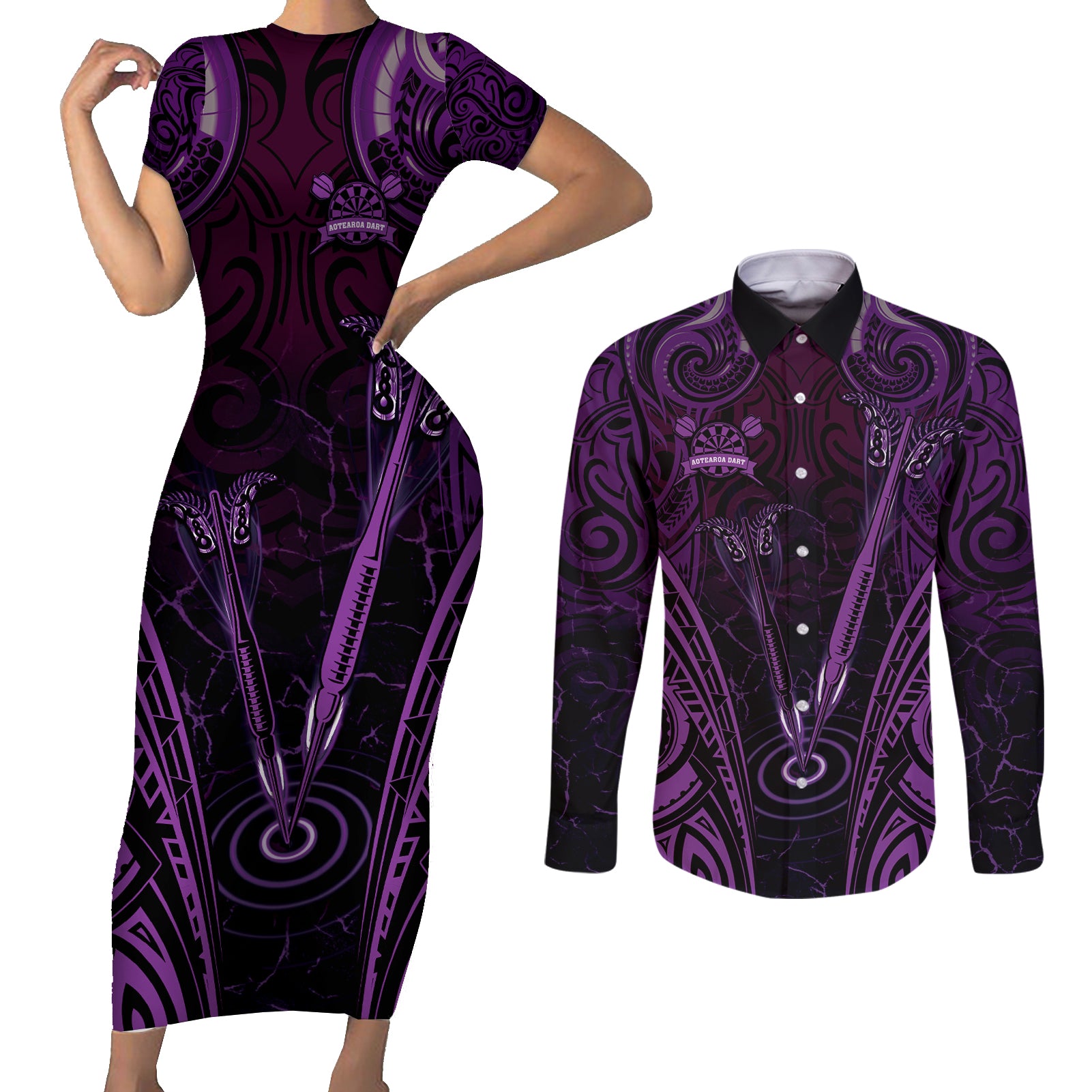 Personalised New Zealand Darts Couples Matching Short Sleeve Bodycon Dress and Long Sleeve Button Shirt Purple Dart Board Maori Pattern