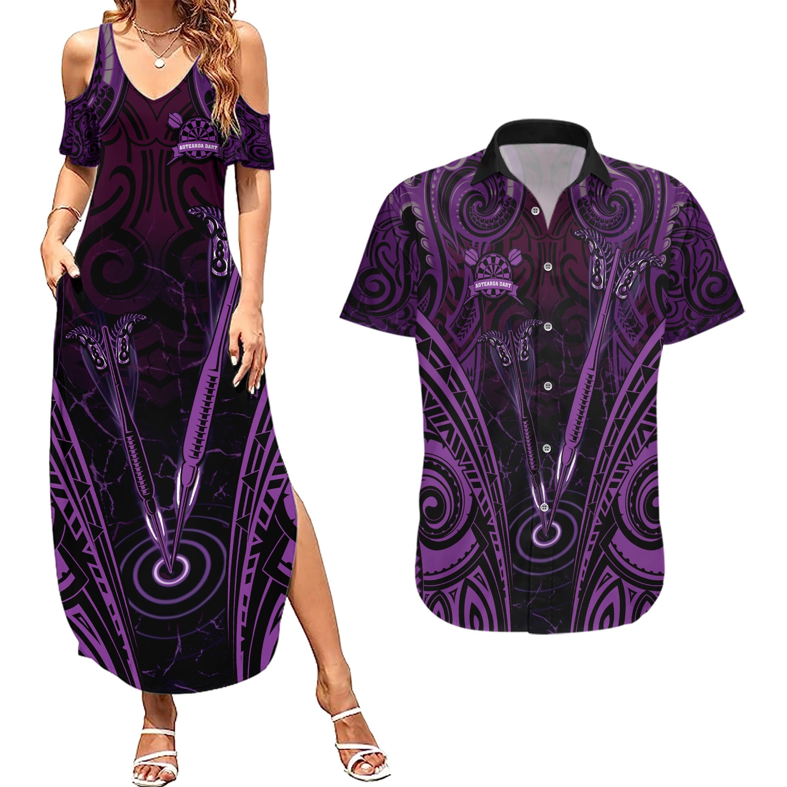 Personalised New Zealand Darts Couples Matching Summer Maxi Dress and Hawaiian Shirt Purple Dart Board Maori Pattern