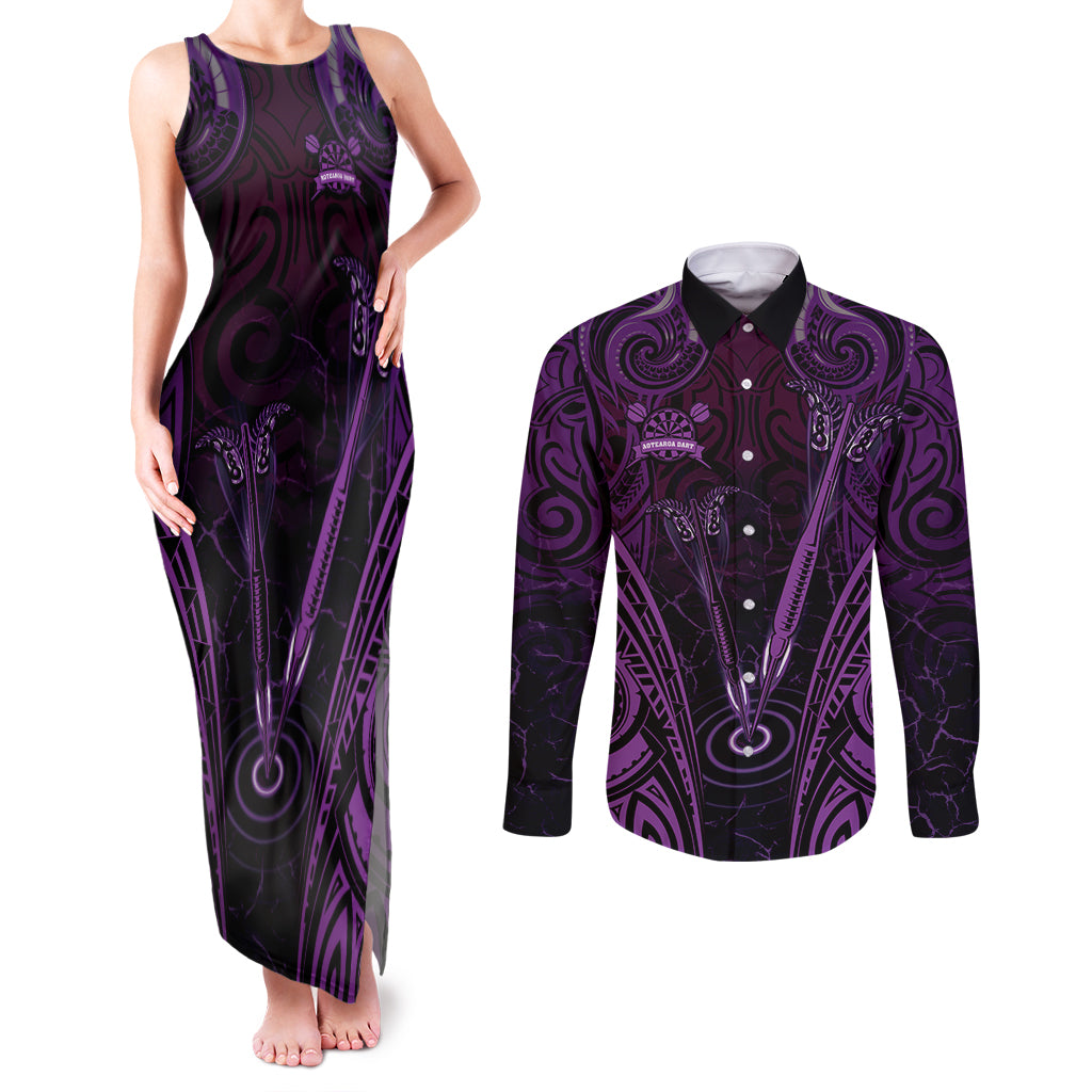 Personalised New Zealand Darts Couples Matching Tank Maxi Dress and Long Sleeve Button Shirt Purple Dart Board Maori Pattern