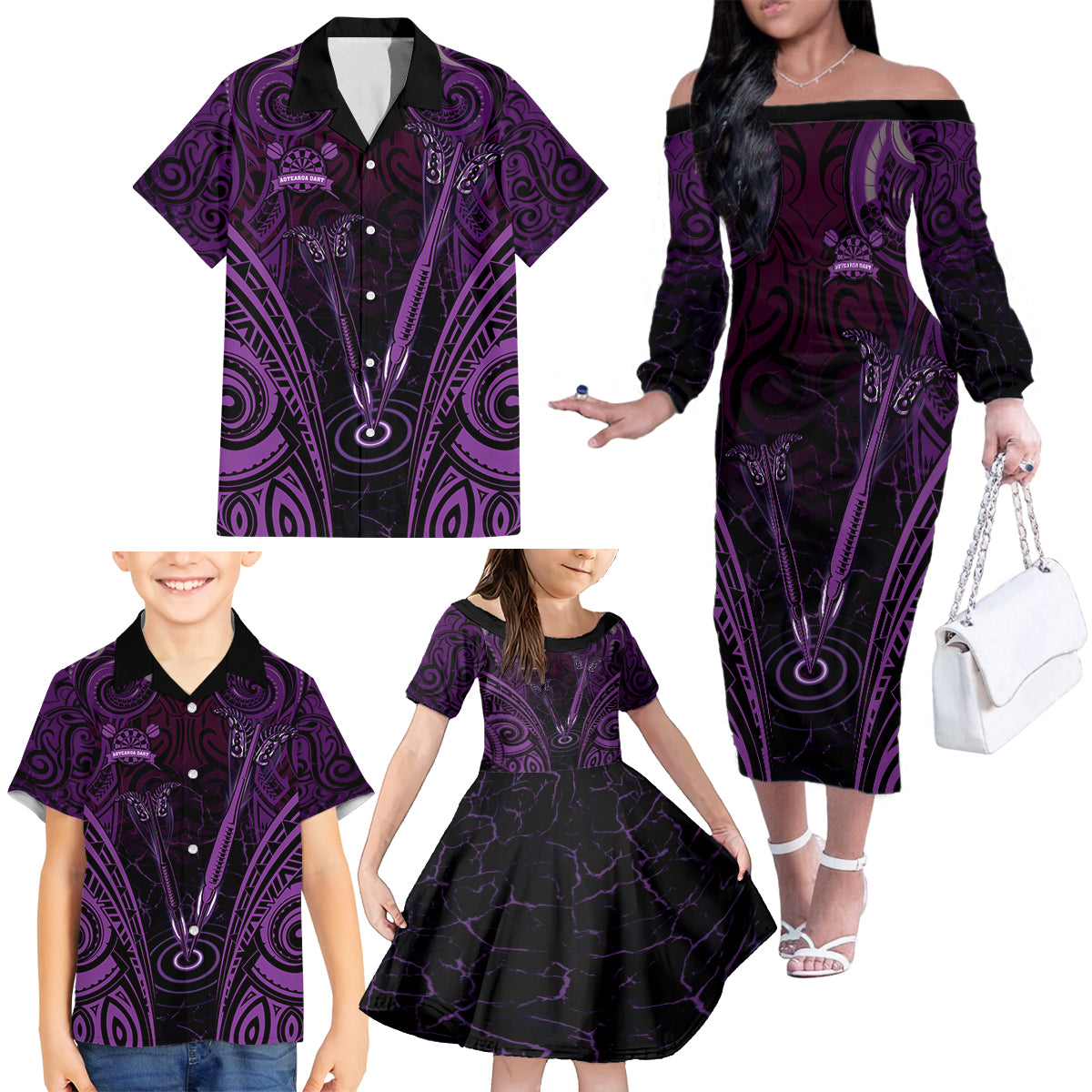 Personalised New Zealand Darts Family Matching Off The Shoulder Long Sleeve Dress and Hawaiian Shirt Purple Dart Board Maori Pattern