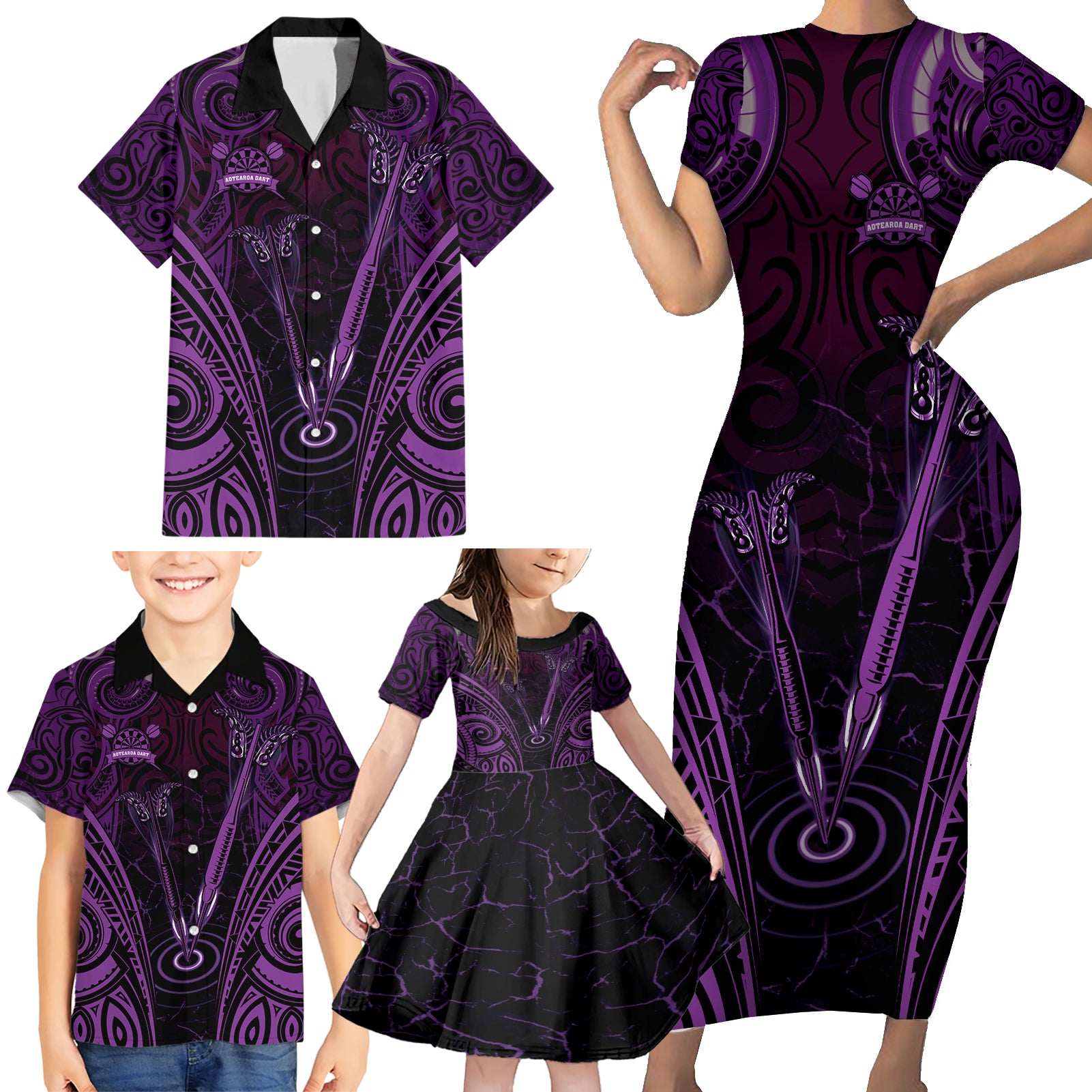 Personalised New Zealand Darts Family Matching Short Sleeve Bodycon Dress and Hawaiian Shirt Purple Dart Board Maori Pattern