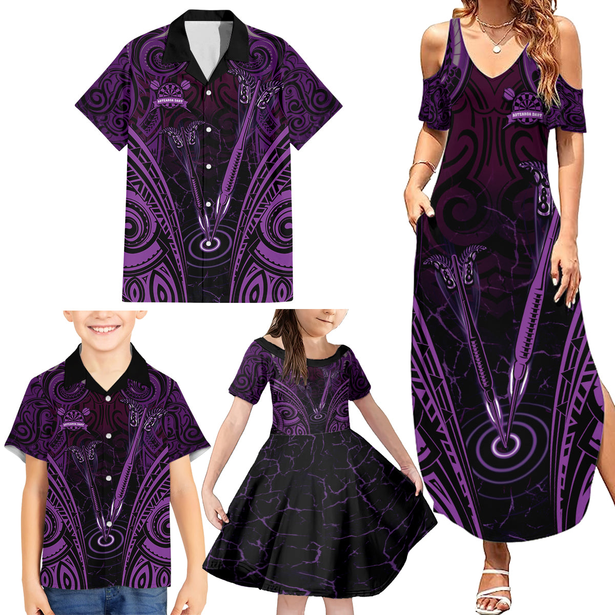 Personalised New Zealand Darts Family Matching Summer Maxi Dress and Hawaiian Shirt Purple Dart Board Maori Pattern