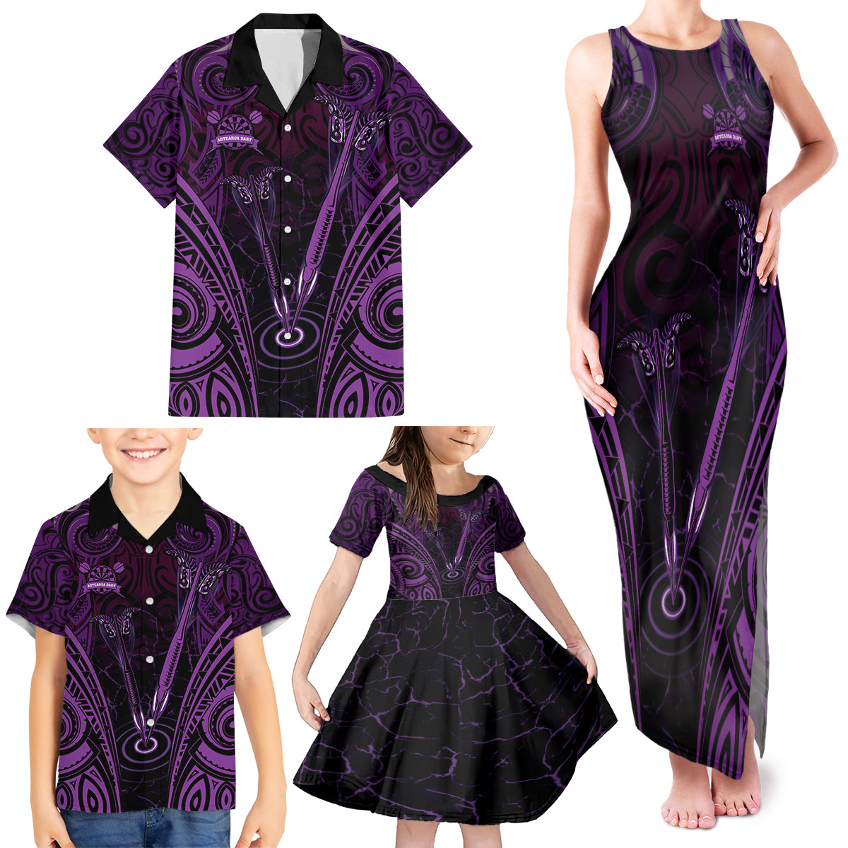 Personalised New Zealand Darts Family Matching Tank Maxi Dress and Hawaiian Shirt Purple Dart Board Maori Pattern LT05 - Polynesian Pride