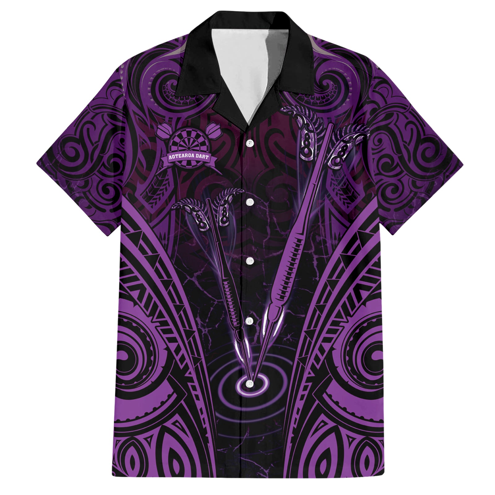 Personalised New Zealand Darts Hawaiian Shirt Purple Dart Board Maori Pattern