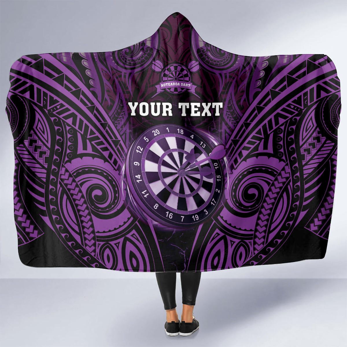 Personalised New Zealand Darts Hooded Blanket Purple Dart Board Maori Pattern LT05 - Polynesian Pride