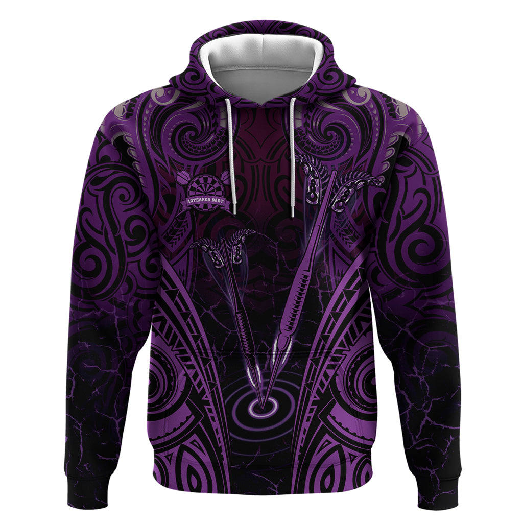 Personalised New Zealand Darts Hoodie Purple Dart Board Maori Pattern