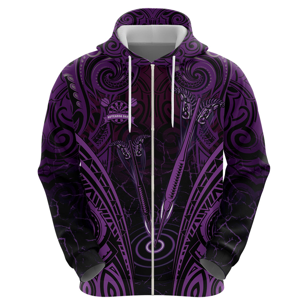 Personalised New Zealand Darts Hoodie Purple Dart Board Maori Pattern