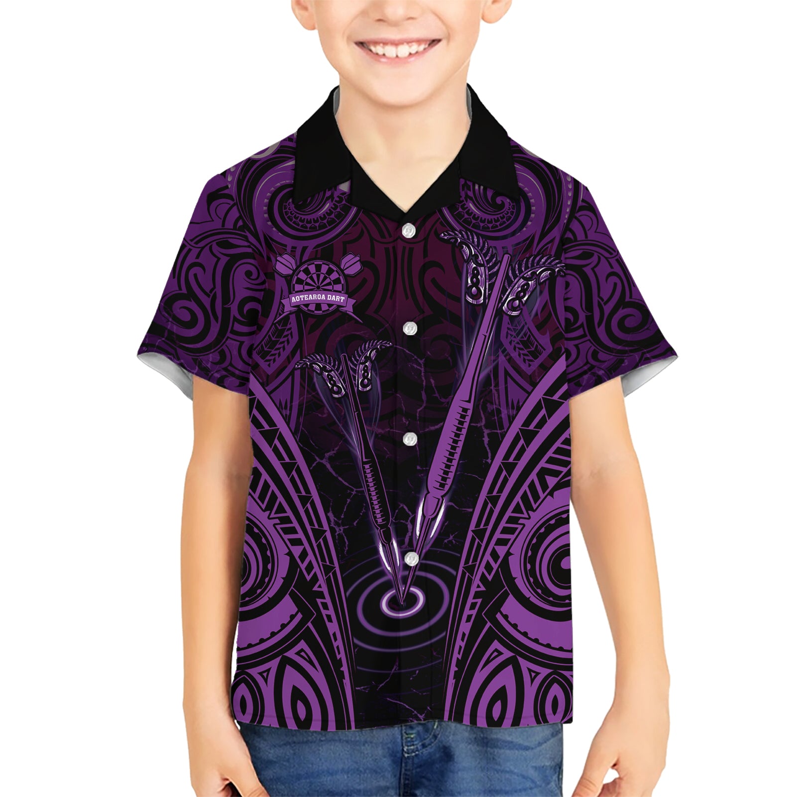 Personalised New Zealand Darts Kid Hawaiian Shirt Purple Dart Board Maori Pattern