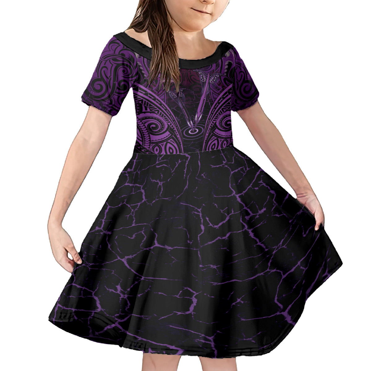 Personalised New Zealand Darts Kid Short Sleeve Dress Purple Dart Board Maori Pattern