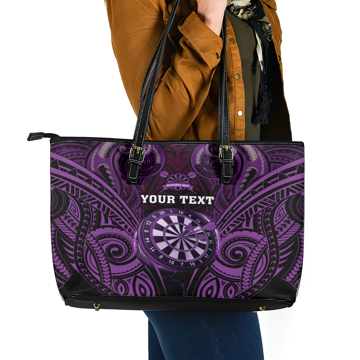 Personalised New Zealand Darts Leather Tote Bag Purple Dart Board Maori Pattern LT05 - Polynesian Pride