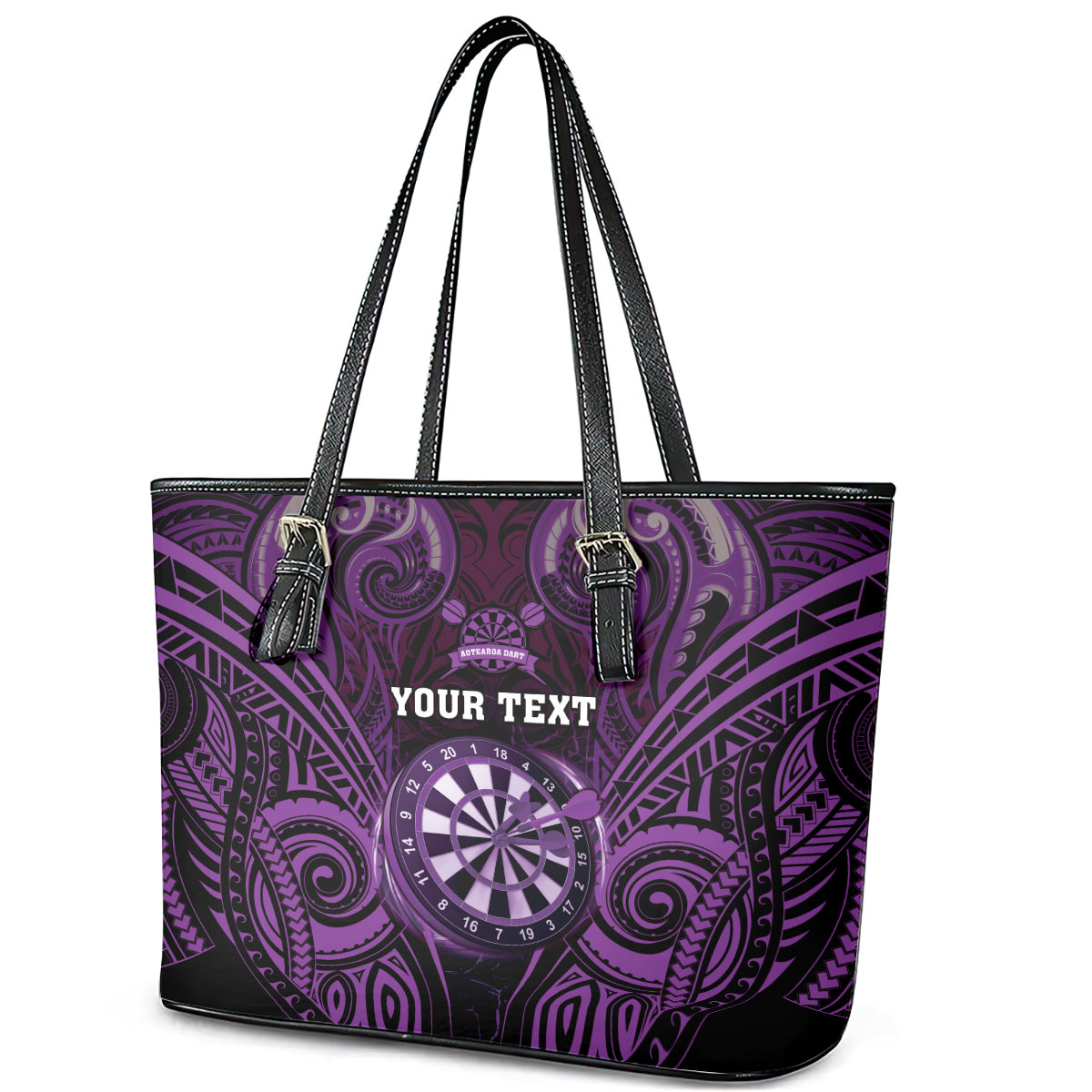 Personalised New Zealand Darts Leather Tote Bag Purple Dart Board Maori Pattern LT05 - Polynesian Pride