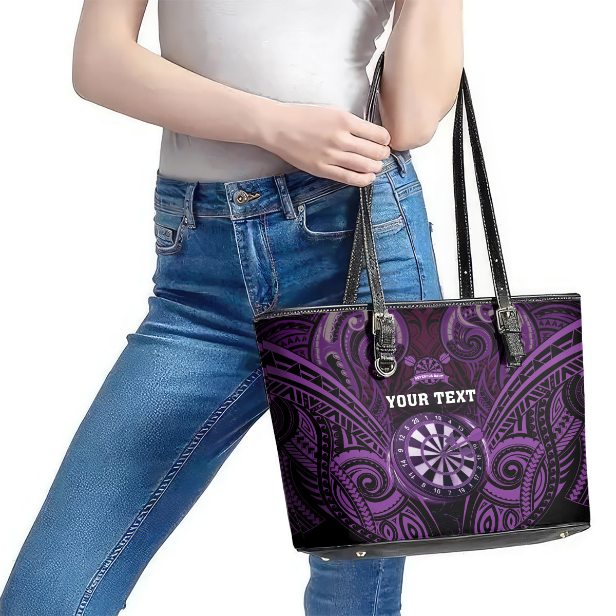 Personalised New Zealand Darts Leather Tote Bag Purple Dart Board Maori Pattern LT05 - Polynesian Pride