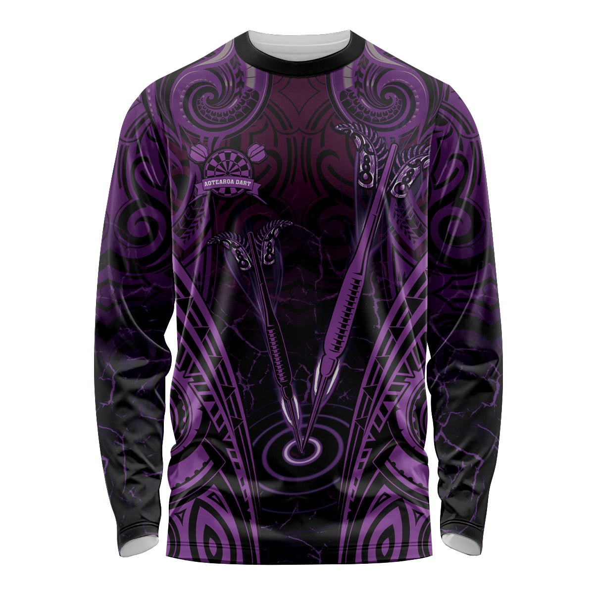 Personalised New Zealand Darts Long Sleeve Shirt Purple Dart Board Maori Pattern