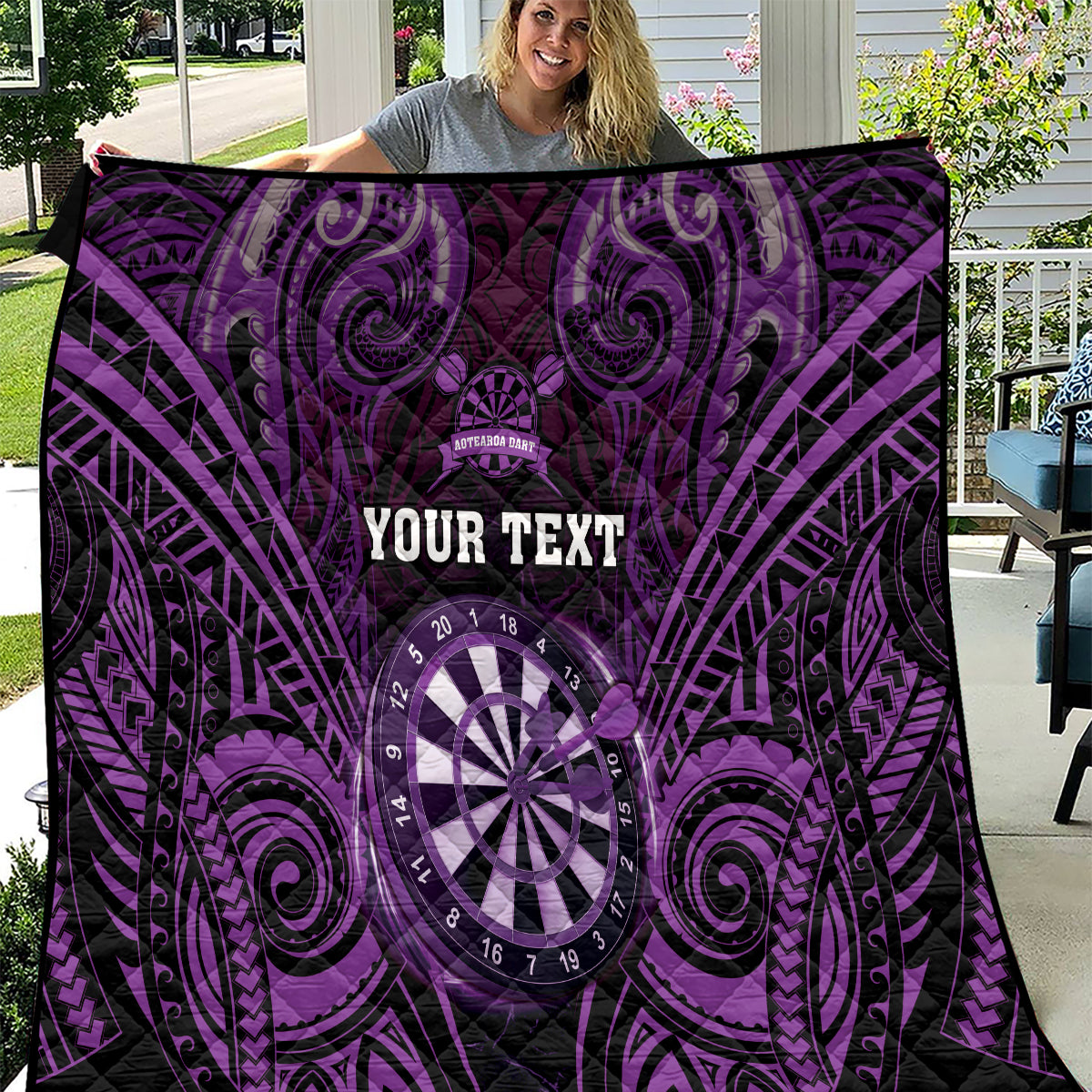 Personalised New Zealand Darts Quilt Purple Dart Board Maori Pattern